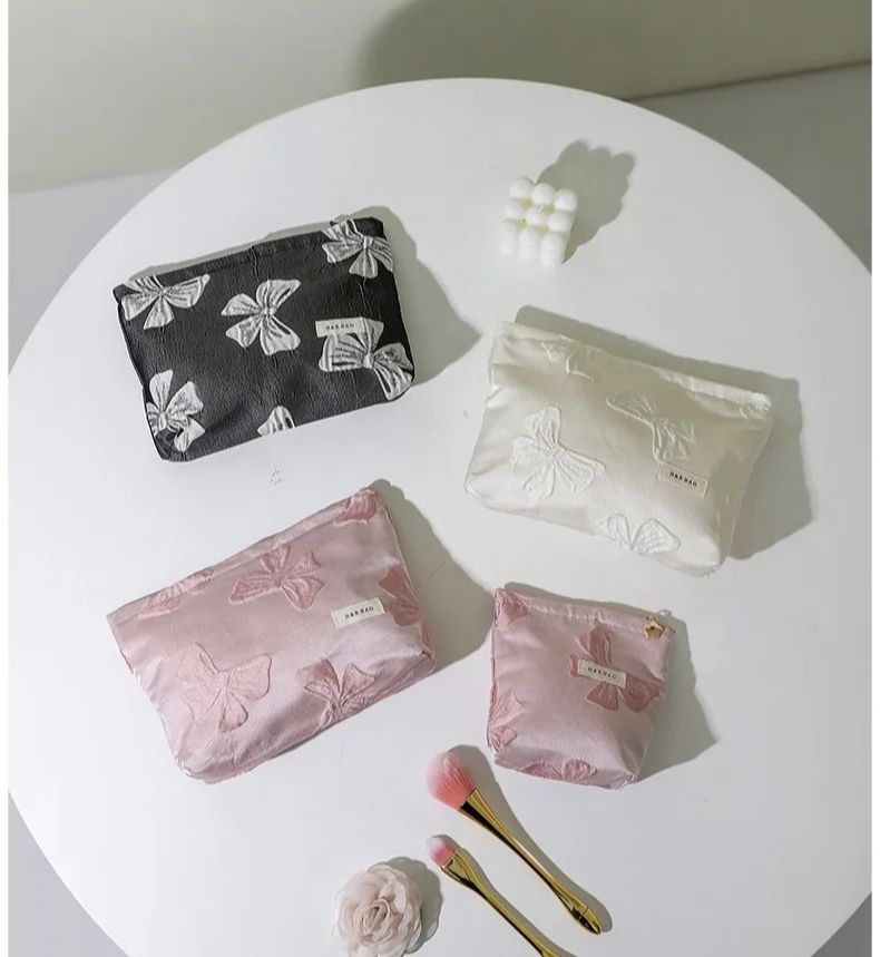 Dames Make-Up Tas Roze Strik Grote Capaciteit Lippenstift Kussen Opbergtas Handige Hand Clutch Tas Reizen Toilettas