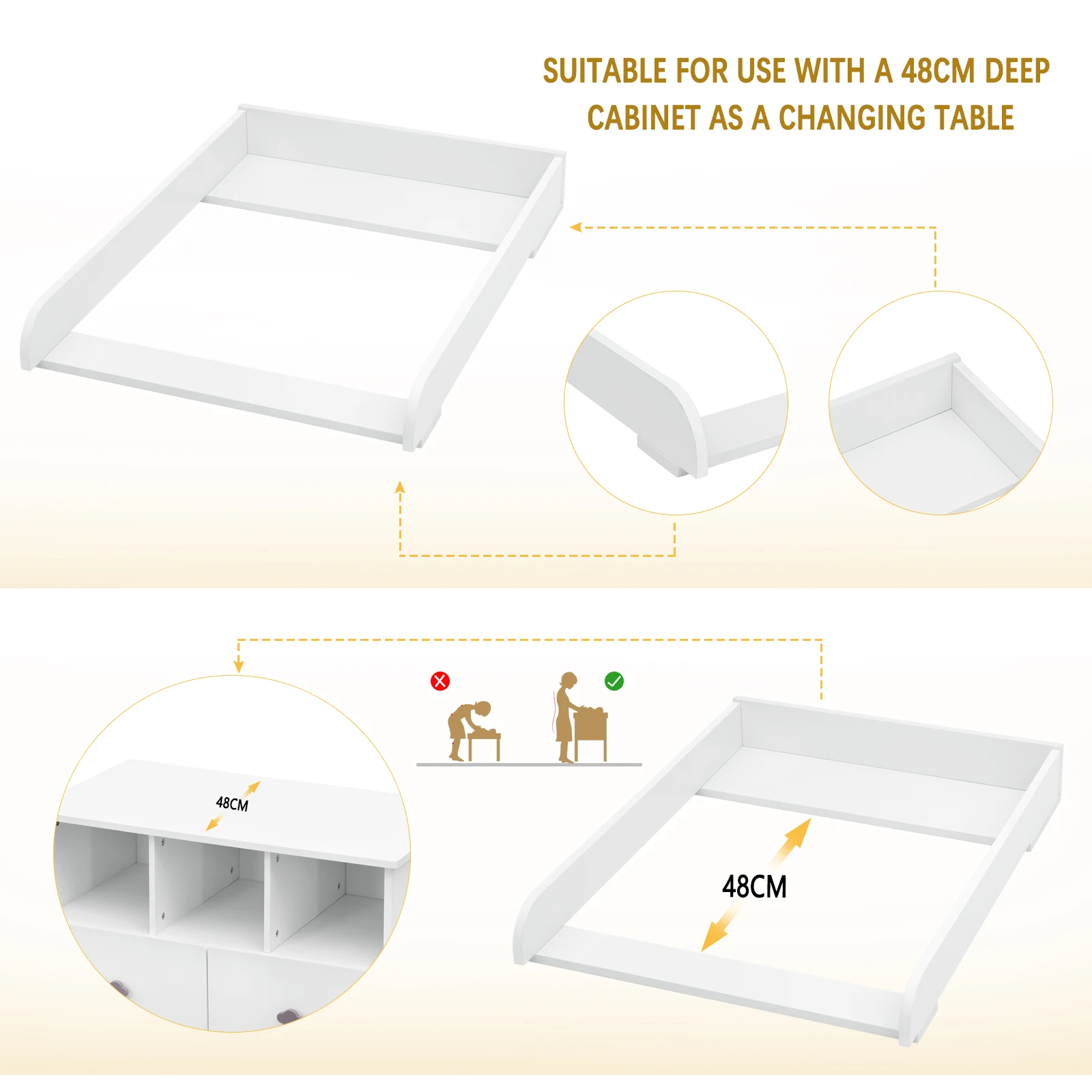 WOLTU Fasciatoio per cassettiera MDF 60 x 10,5 x 80 cm Vassoio fasciatoio per bambini con pareti laterali