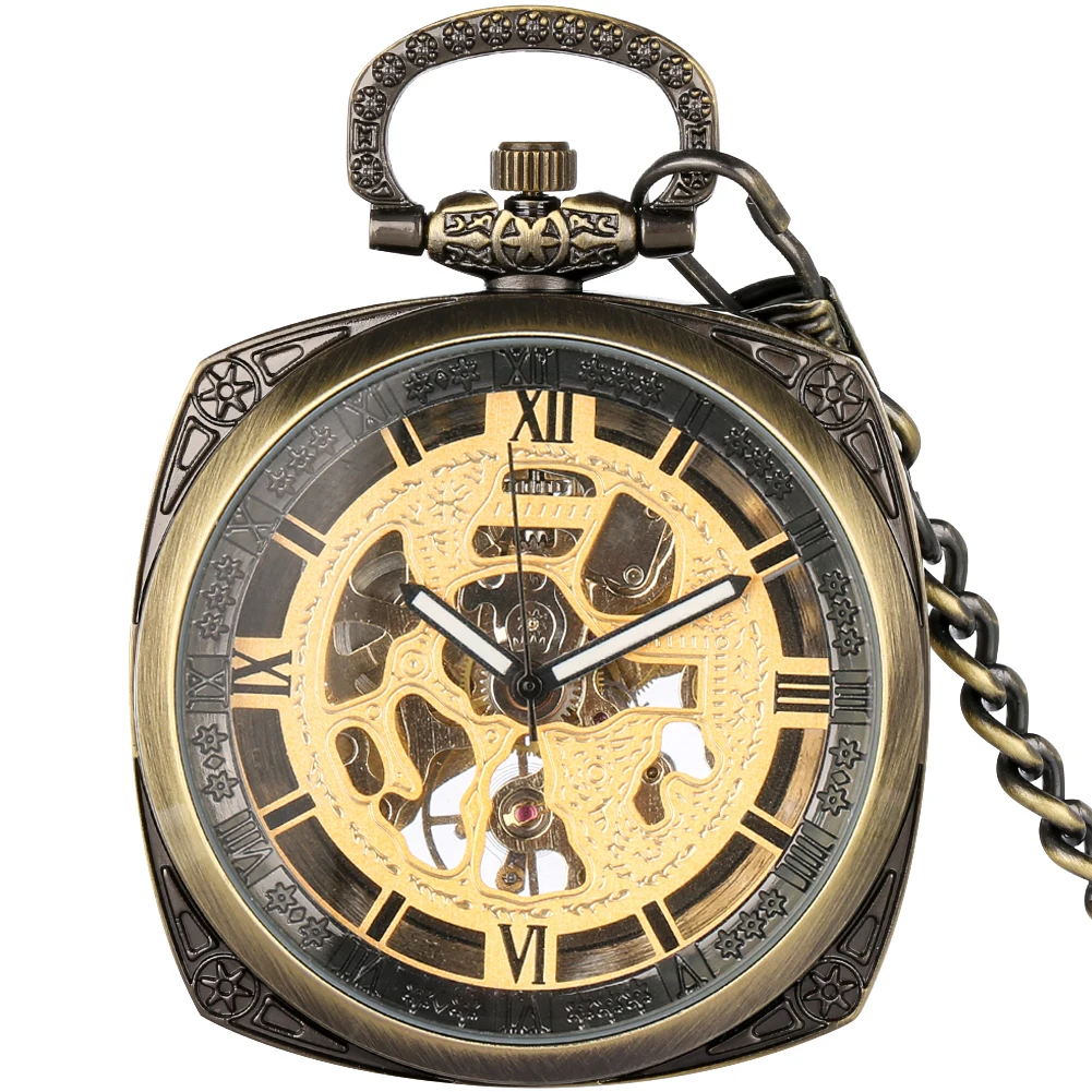 Jam tangan saku mekanis wajah terbuka angka Romawi perunggu elegan jam saku rantai Fob berbentuk persegi pria hadiah jam tangan Vintage