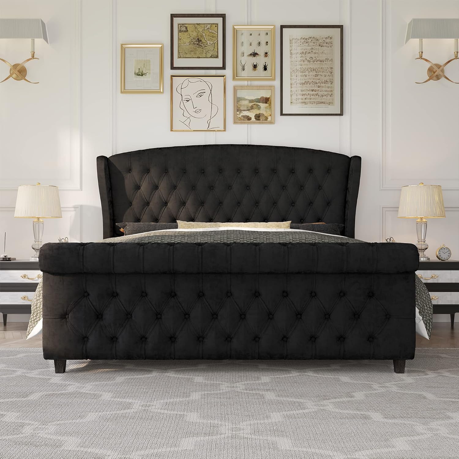 Queen Size Platform Bed Frame, Velvet Upholstered Sleigh Bed with Scroll Wingback Headboard Footboard/Button TuftedBlack
