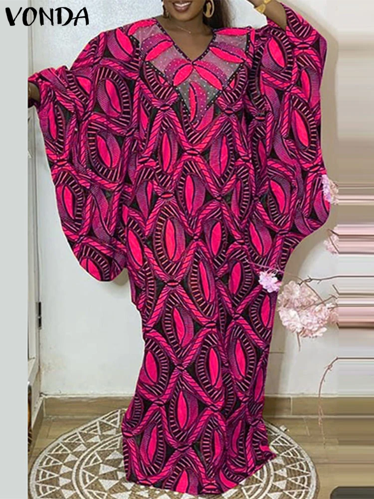 プラスサイズ 5XL VONDA 女性エレガントな印刷ロングマキシドレス V ネックイブニングサンドレス 2025 カジュアル長袖ローブパーティー Vestidos