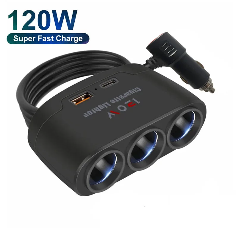 120W Dual USB Socket 3 in 1 Sigarettenaansteker Splitter 12V 24V Snelle Oplader Plug telefoon Power Adapter voor iPhone GPS Dashcam
