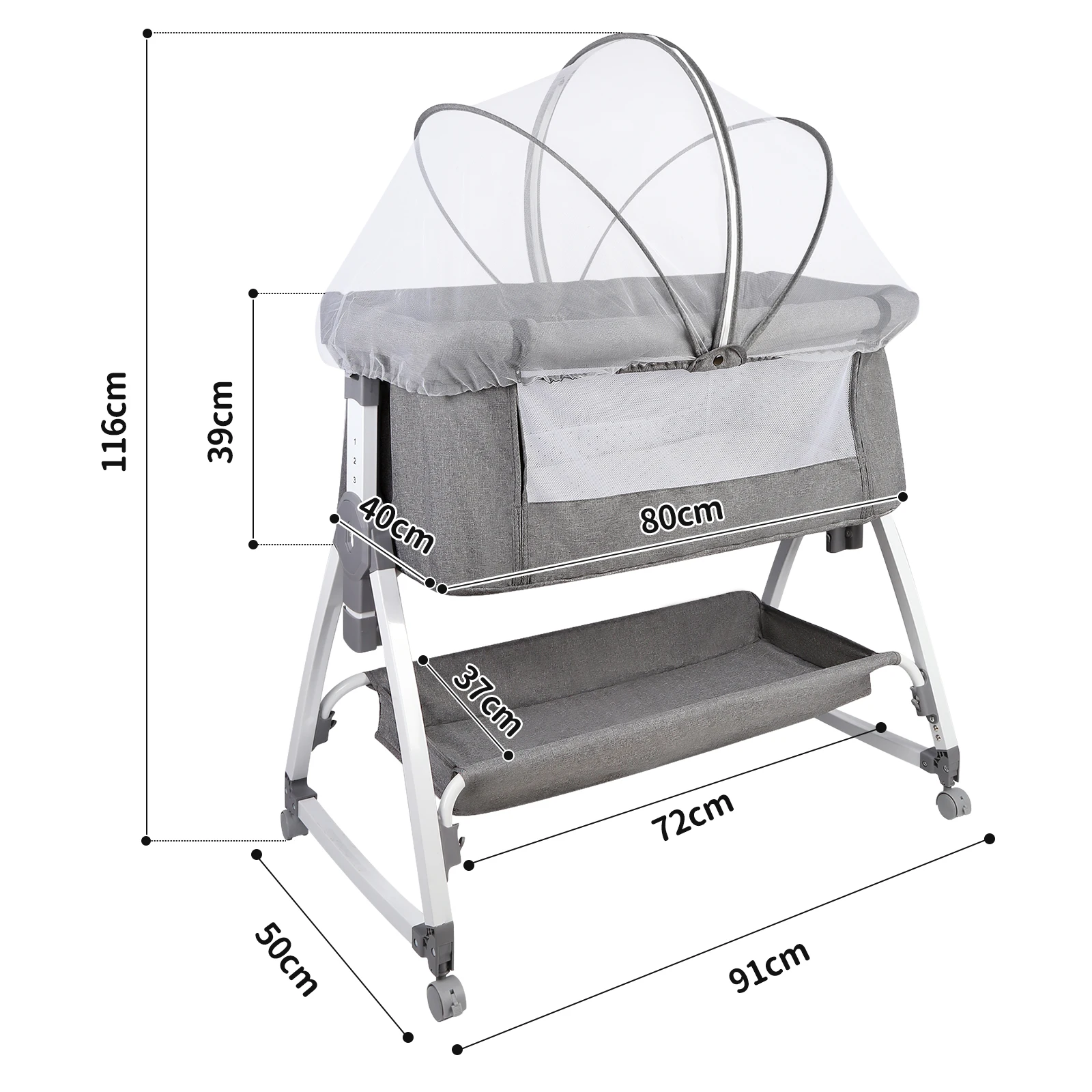 Cama de bebê 4 em 1, berço portátil, berço multifuncional e mesa de troca, colchão, rede, cesta de armazenamento, altura ajustável