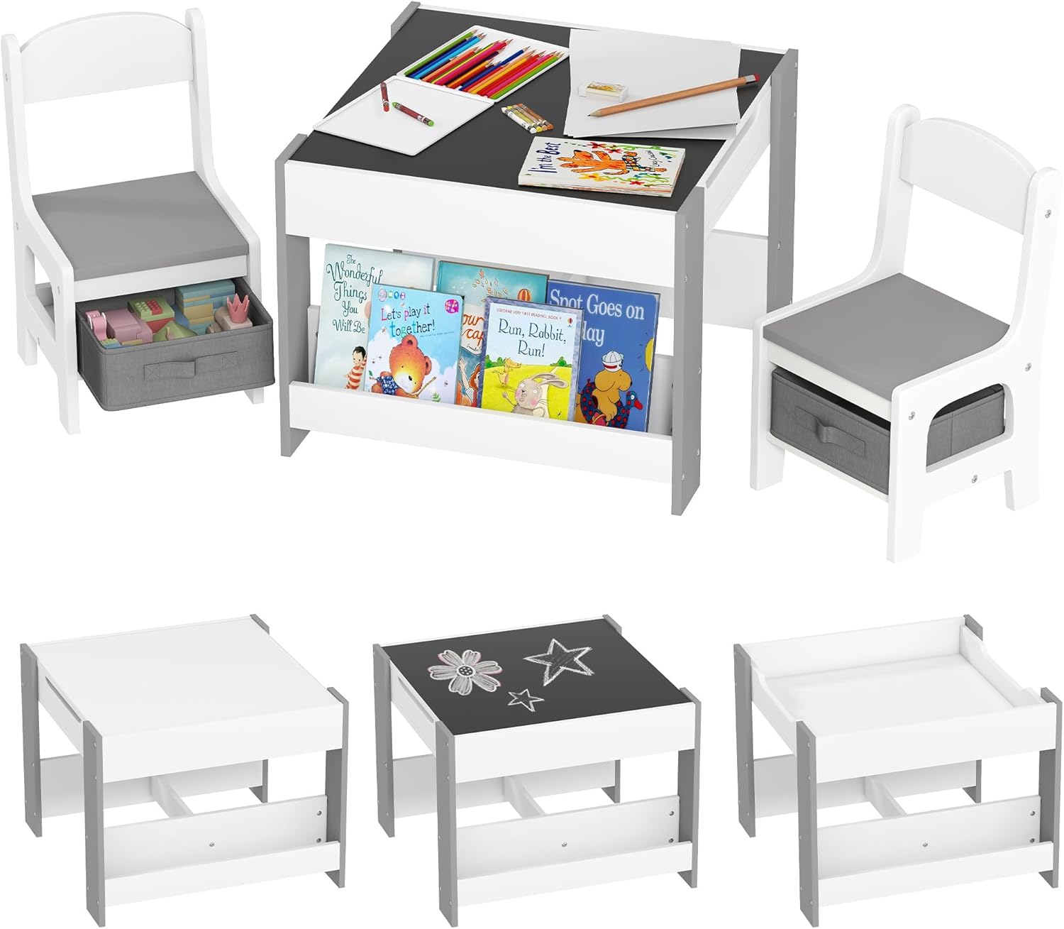 Juego de mesa y 2 sillas para niños, mesa con sillas para niños 3 en 1 con cajones de tela de pizarra y espacio de almacenamiento para Nur