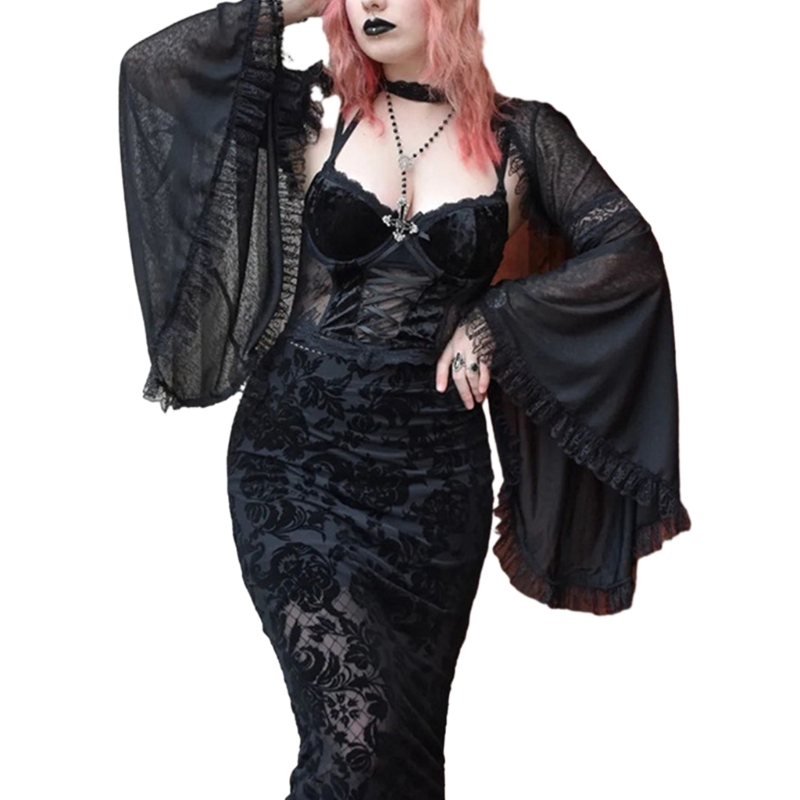 Gothic Lace Victoriaanse half shirt met mouwen Crop Top Vintage T-shirt voor dames