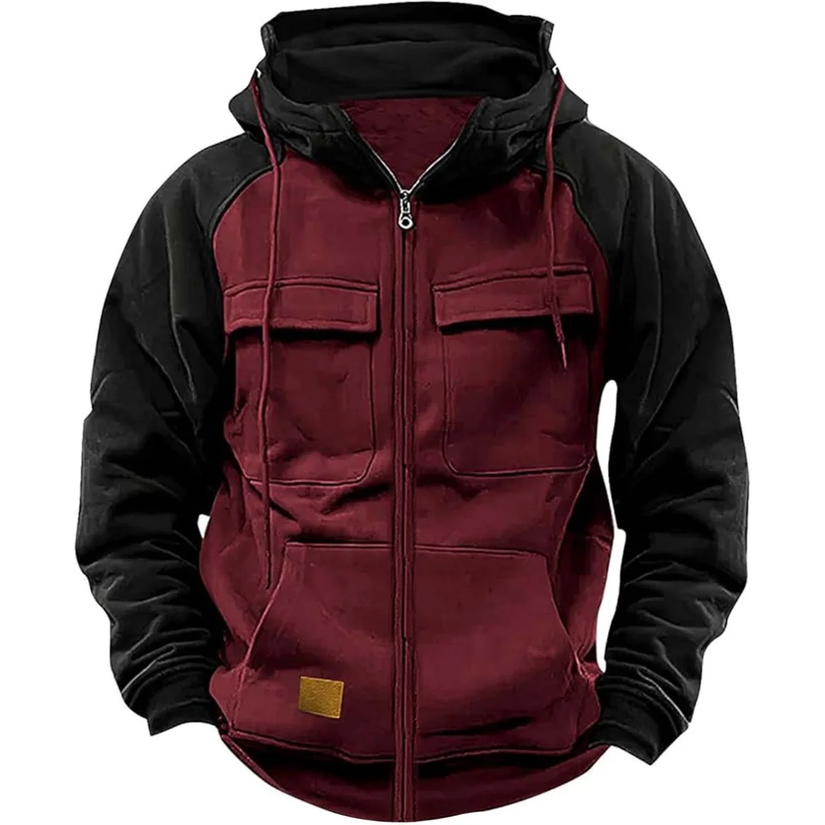 Sudadera con capucha para hombre, ropa de trabajo retro modelo 2025, camisa deportiva cálida de color sólido con cremallera y chaqueta con capucha con múltiples bolsillos