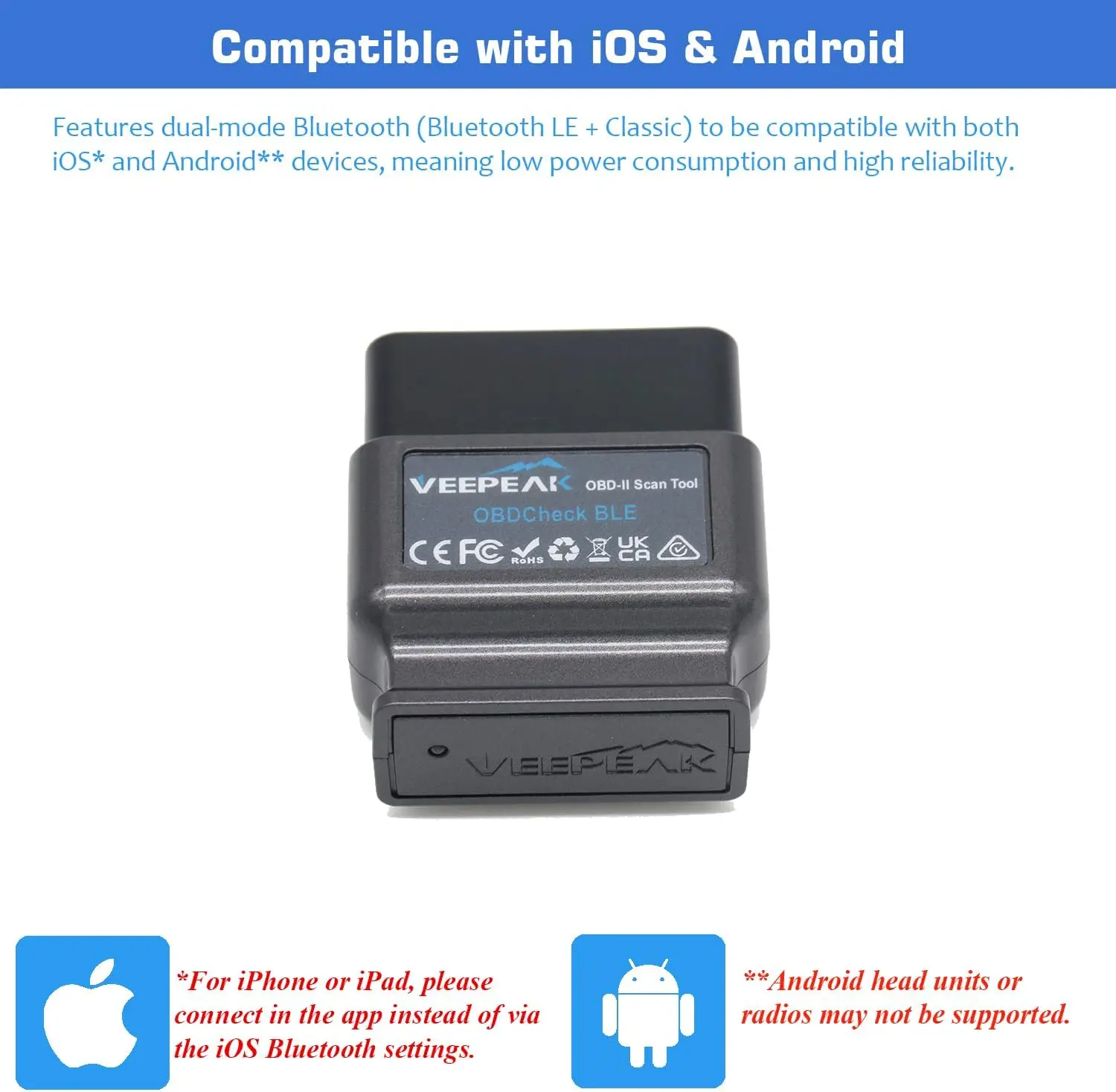 Диагностический сканер Veepeak OBDCheck BLE OBD2, Bluetooth-сканер для iOS и Android, BT4.0, автомобильный диагностический двигатель