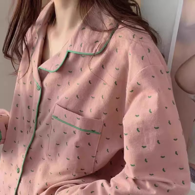 Pijamas de Manga Longa em Aodão Puro com Estampa de Morango, Estilo Doce para Mulheres, Conjunto de Roupas para Casa que Po...