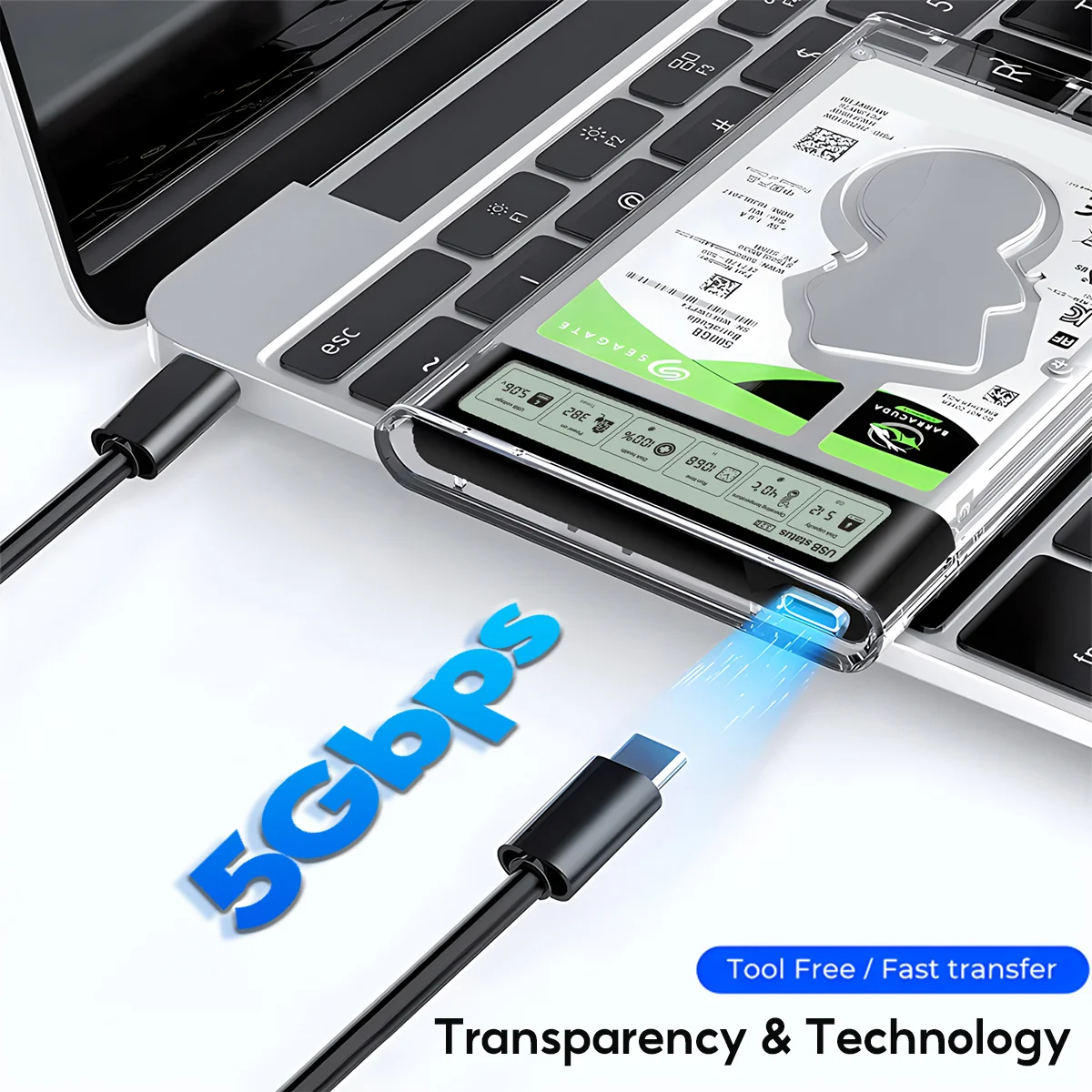 HDD-Gehäusegehäuse Box 2,5 SSD SATA zu USB 3.2 mit 5 Gbit/s Adapter Externes Gehäuse Festplattenbox Transparent