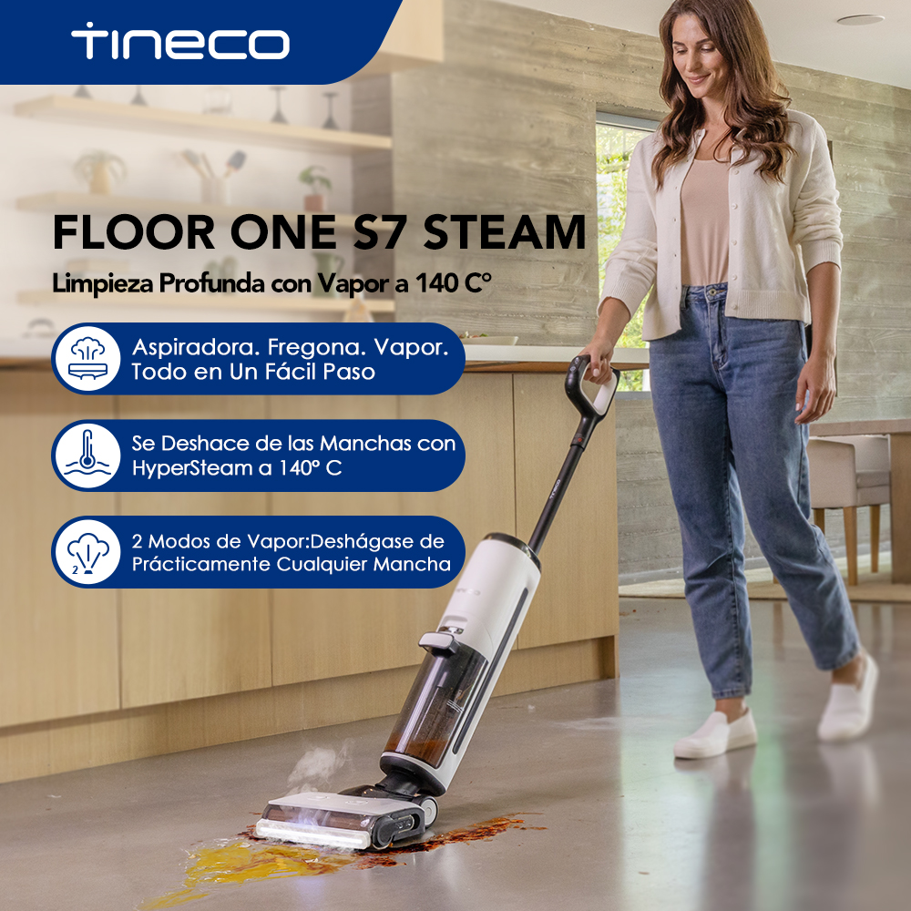 TINECO FLOOR ONE S7 Steam Limpiador Inalámbrico, limpia la Suciedad Pegajosa y los Bordes en Suelos Duros, Pantalla Digital, Autolimpieza, Tracción hacia Adelante, Seguro para Niños y Mascotas