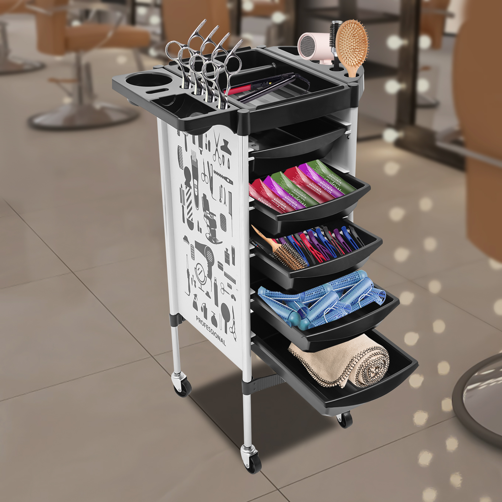 Friseur-Schönheitssalonwagen mit 5 Schubladen, Trolley mit großem Fassungsvermögen, multifunktionale Plattformräder, flexible Bewegung