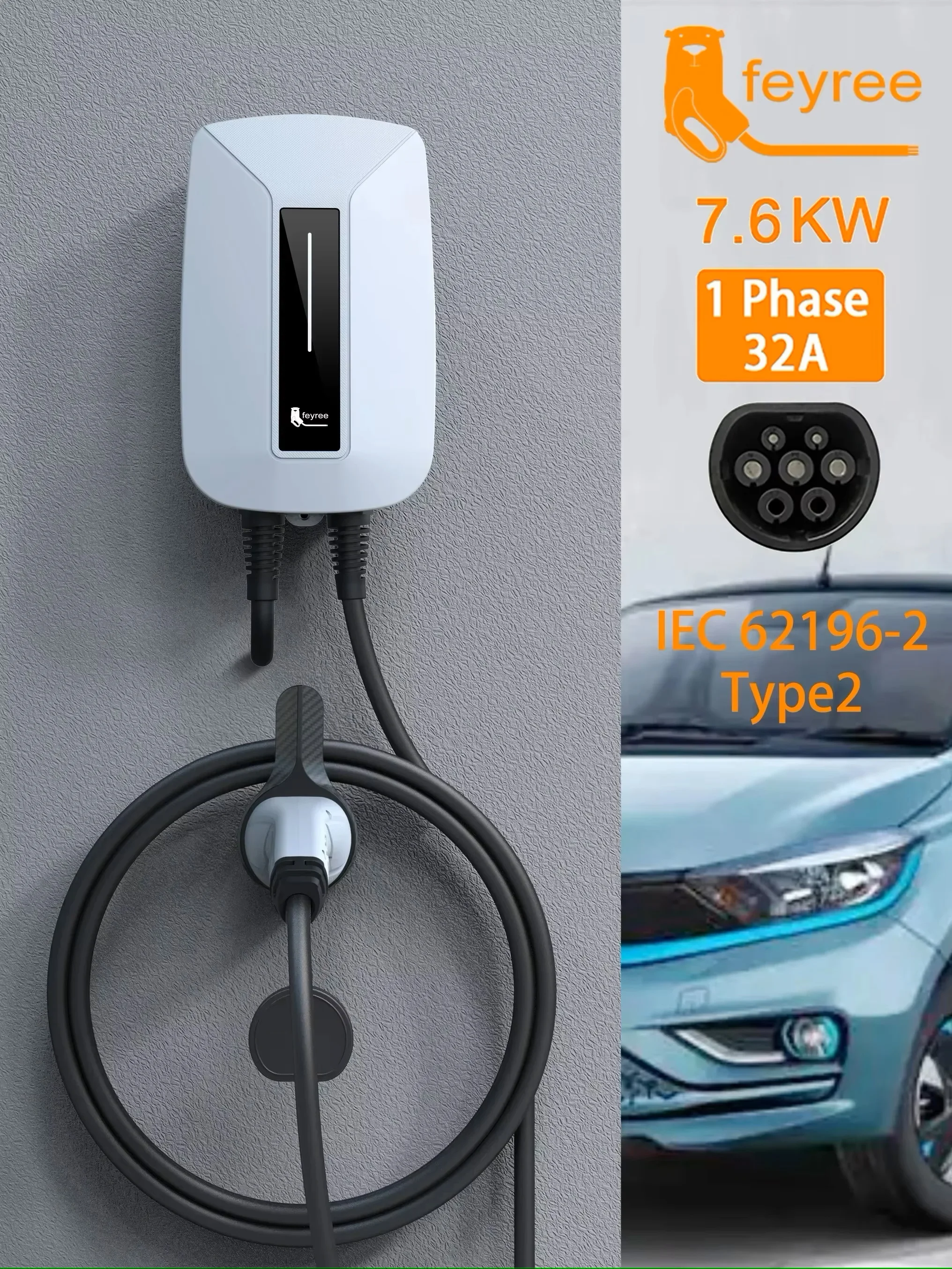 feyree EVSE ウォールボックス EV 充電器 Type2 32A 7KW 1 相 IEC62196-2 プラグ電気自動車充電ステーション車の充電器 5 メートルケーブル
