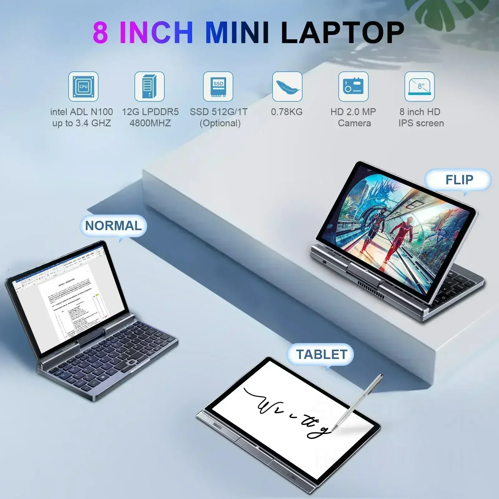 CRELANDER-Mini portátil P8 para juegos, pantalla táctil de 8 pulgadas, Intel Alder Lake N100, 12GB, DDR5, Windows 11, WiFi, 6, portátil de bolsillo pequeño