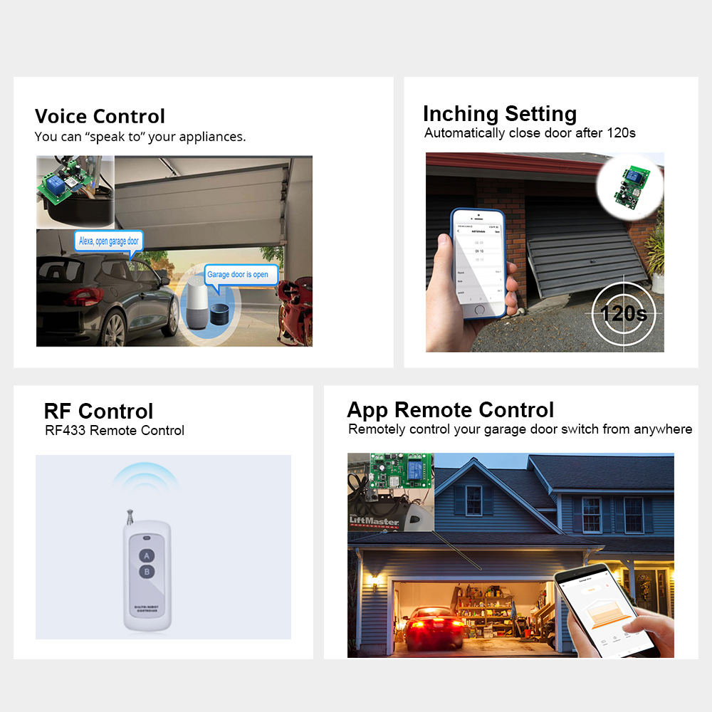 Tuya WIFI Smart Garage Gate Electric Door Access Motor Switch DC 12V 24V 32V AC 220V 1/2CH Pulse Relay Module RF433 Remote Alexa