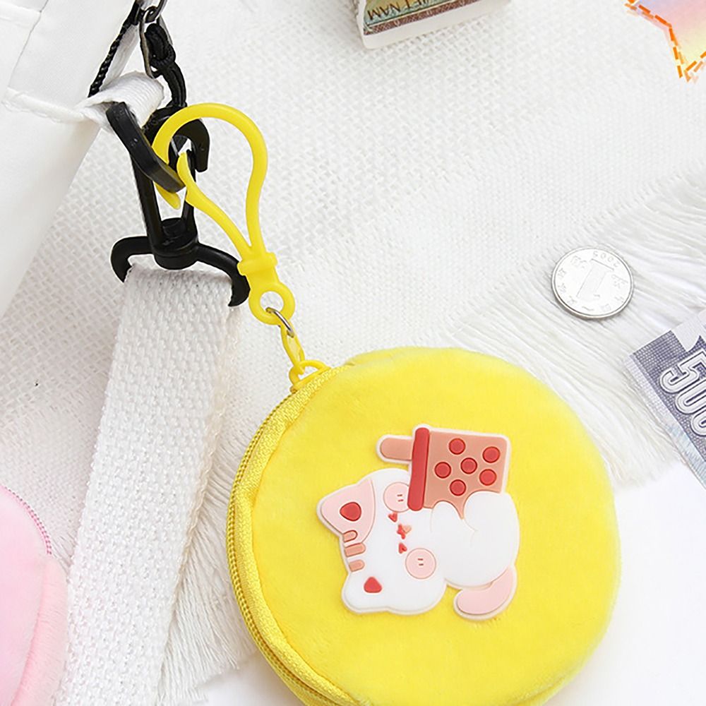 Cute Plush Coin Purse com gancho, Saco de dinheiro masculino, Fone de ouvido redondo, Cartoon Patched Coin Bag