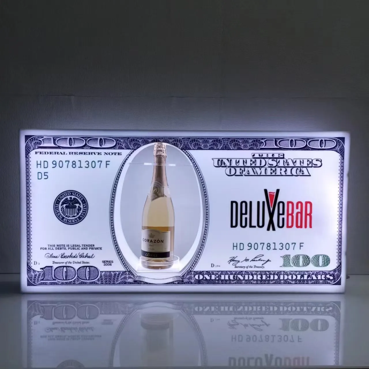 US Dollar 100 Benjamin Bill Bar Bottle Presenter LED Rechargeable Champagne Glorifier VIP Service Tray for Lounge Bar Nightclub