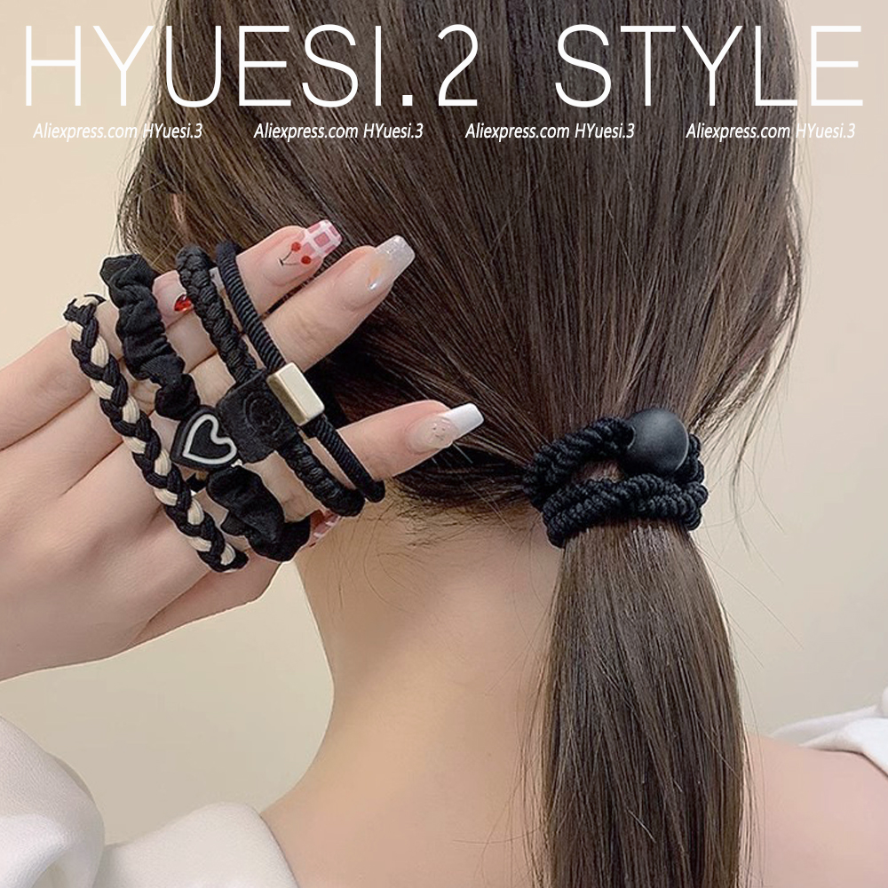 Elastic trançado cabelo laços para mulheres e meninas, simples coração bola encantos scrunchie, bandas de borracha, rabo de cavalo titular, sem danos, 5pcs por conjunto