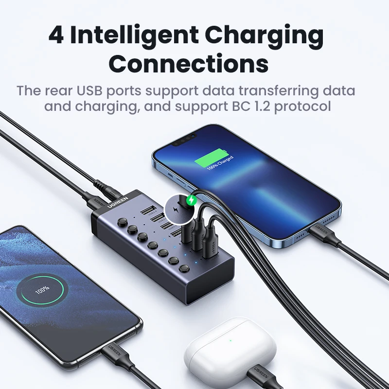 UGREEN USB-концентратор, 7 портов, USB3.0, разветвитель, 5 Гбит/с, с индивидуальным переключателем, адаптер питания для ПК, ноутбука, USB-порты, удлинитель, док-станция USB-C