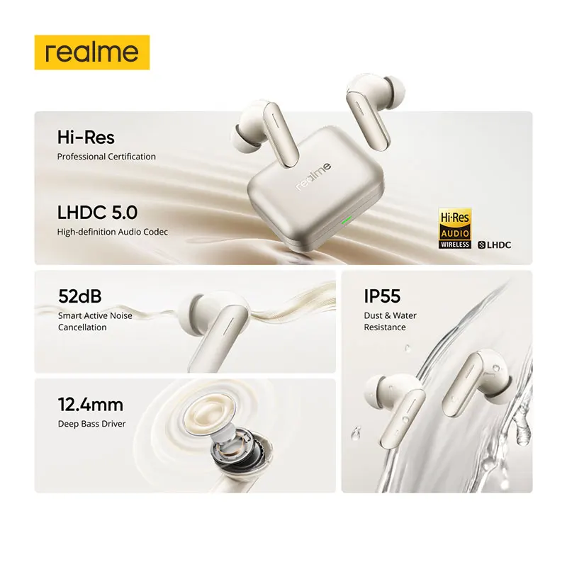 Global Version realme Buds Air 7 52dB Smart Active Noise Cancellation 12.4mm Deep Bass Driver Bluetooth5.4 360° Spatial Audio Effect IP55 Kopfhörer