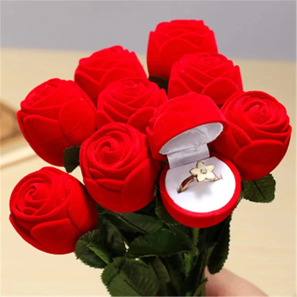 Flocked Rose Ring Box Long Root Rose Earring Ring Storage Box High-end Gift Box Engagement Ring Storage Box