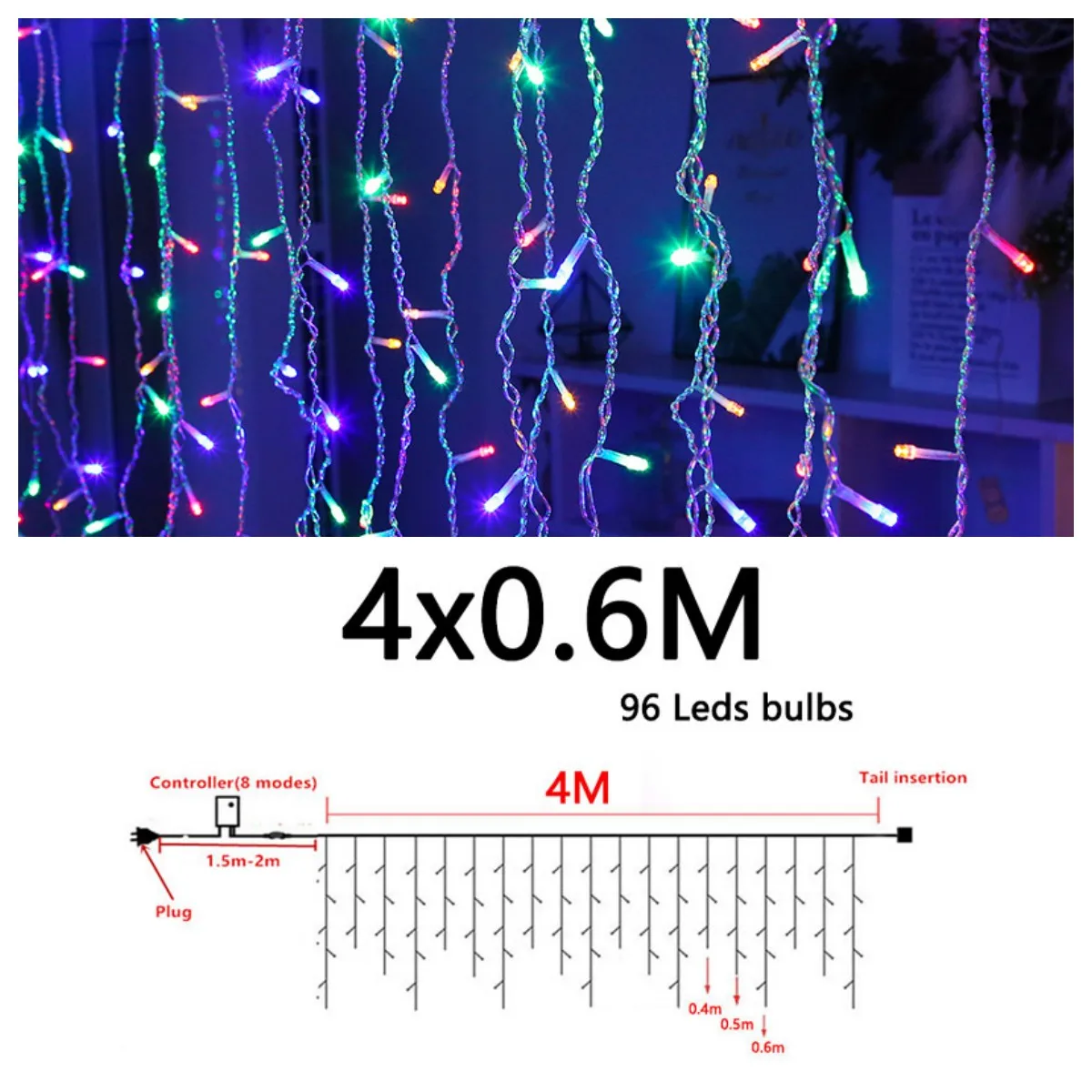 妖精ストリングカーテンライト LED 4 × 0.6 メートルホリデーライトガーランドパティオクリスマスライト屋外ストリートウェディングガーデン装飾