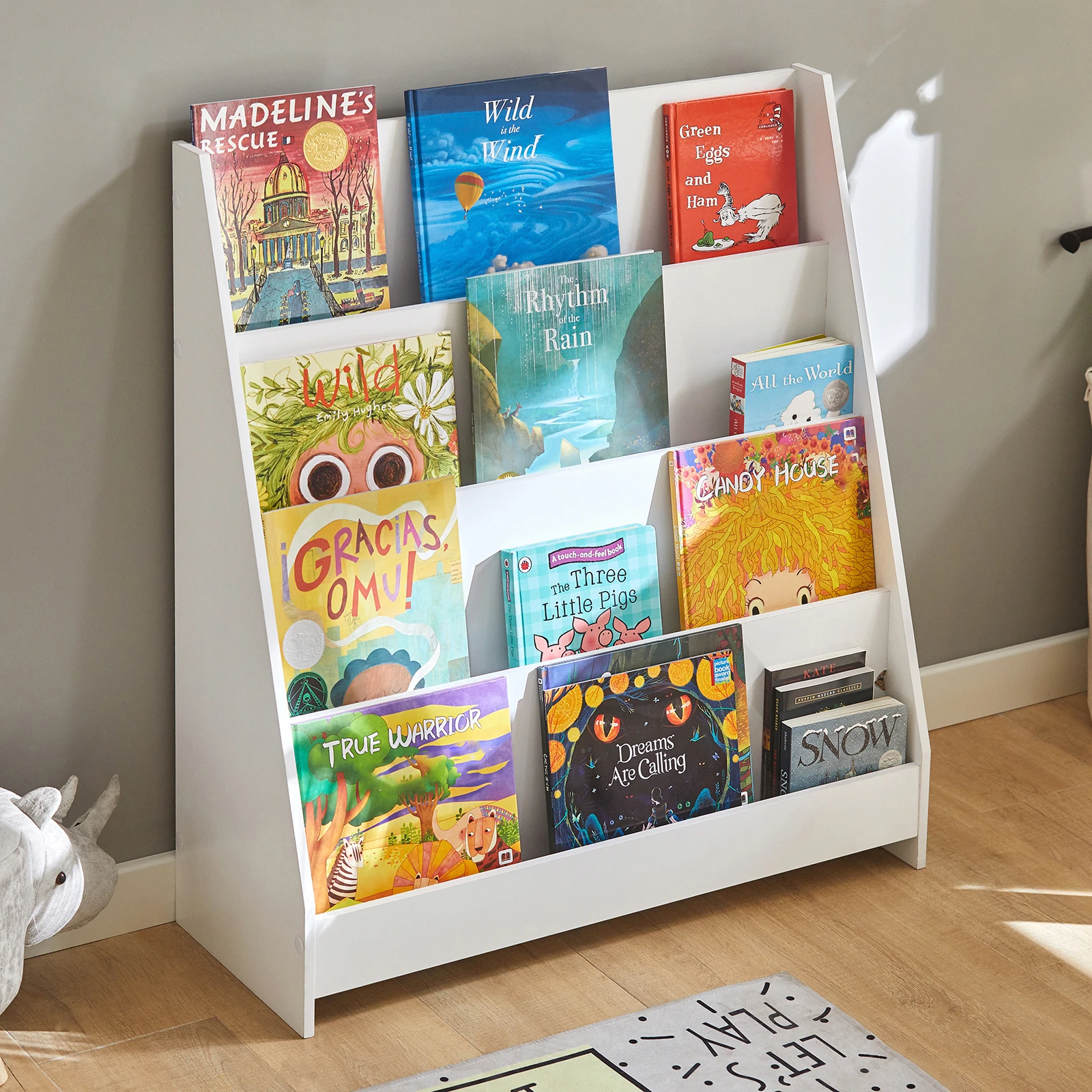 SoBuy KMB32 Scaffale per bambini Scaffale per bambini Supporto per giornali con 4 ripiani Scaffale per bambini Bianco