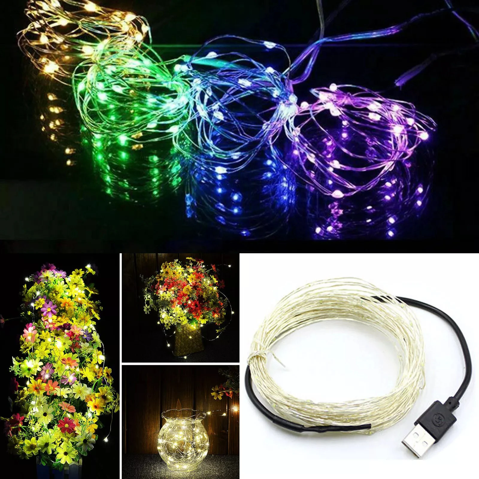 5 メートル/10 メートル銅 LED ストリングライト USB 接続防水フェアリーライトストリップ白赤青緑紫ピンクパーティーの装飾