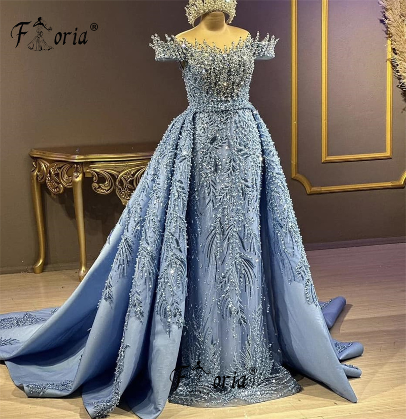Longo azul prata sereia vestidos de noite pérola cristal vestido de festa dubai elegante vestido de casamento personalizado vestido de noite formal gala