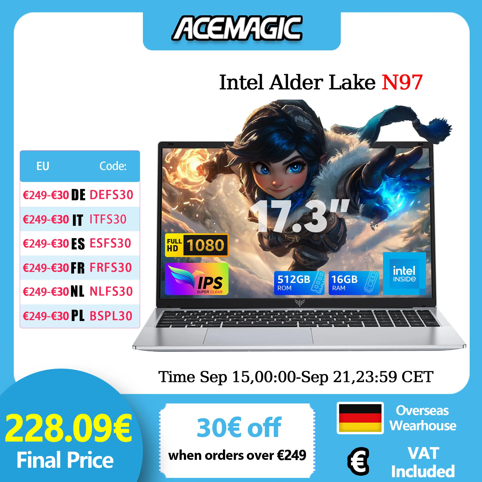 ACEMAGIC 17,3-Zoll-Laptop mit leistungsstarkem Quad Core-12. Generation Alder Lake N97 Laptop-Computer, geräumiger Speicher, 16 GB RAM, 512 GB ROM