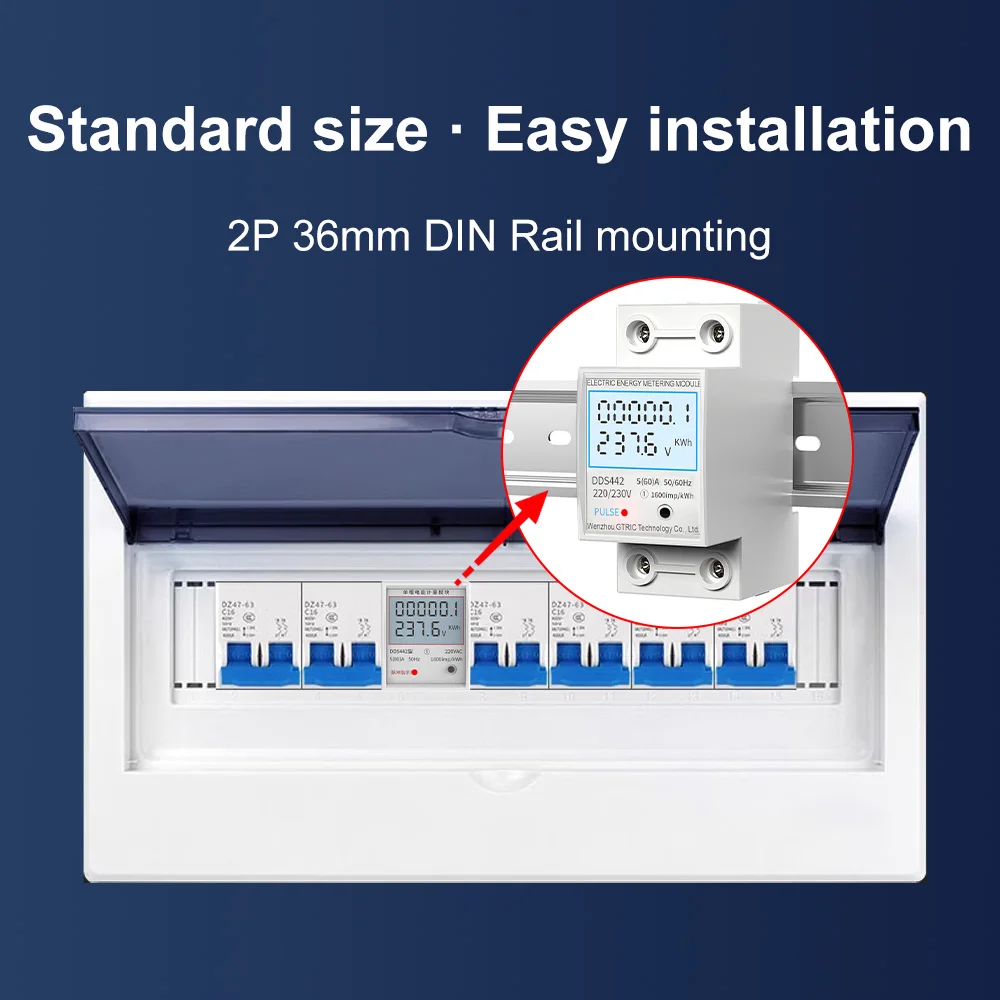 GTRIC Electric Energy Meter 2P Single Phase  LCD Digital Display DIN Rail Mounting 2-wire Electric Meter Wattmeter AC 230V 50Hz