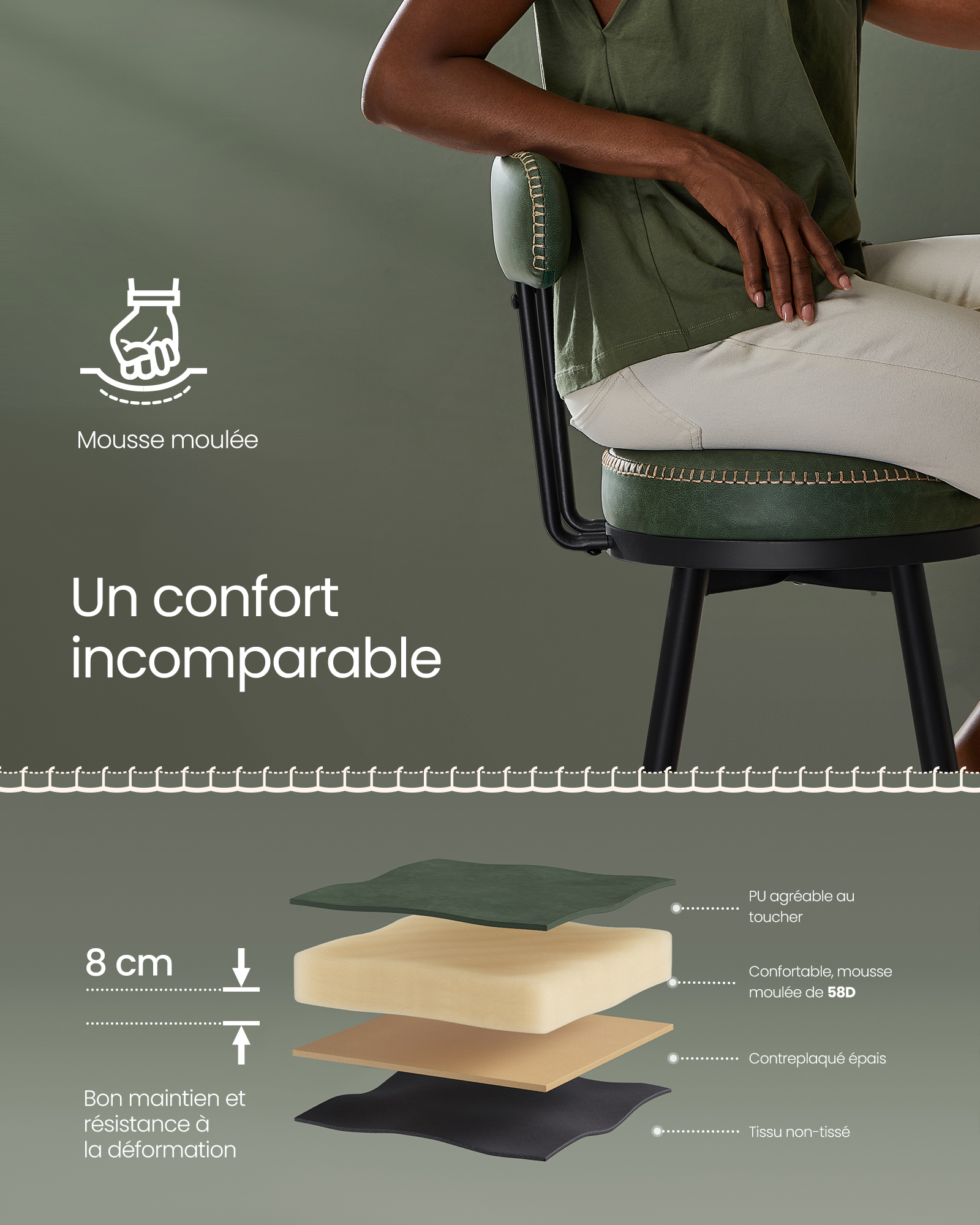 VASAGLE Tabouret de Bar Lot de 2 - Siège Rembourré - Style Moderne Mi-siècle - Vert Forêt