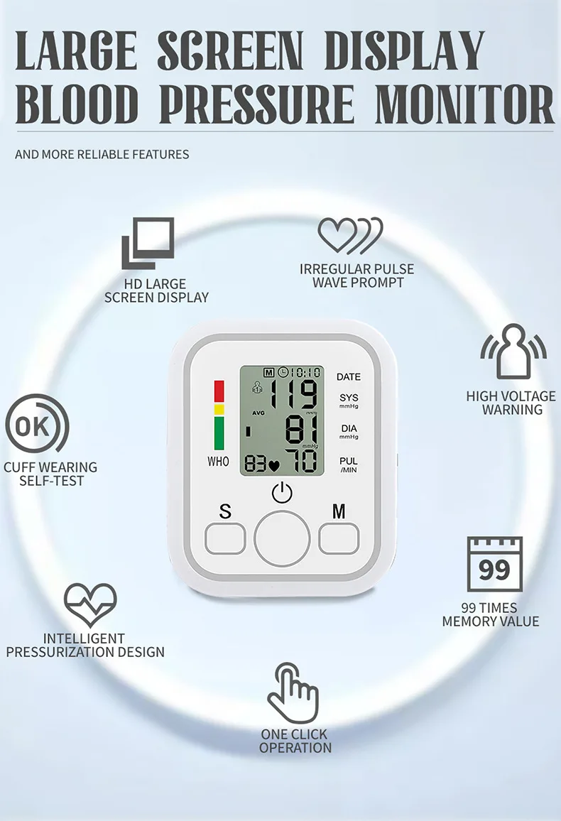 แบบพกพา Upper Arm BP Meter เครื่องวัดความดันโลหิตแบบดิจิตอลอิเล็กทรอนิกส์การวัดอัตโนมัติปิด Sphygmomanometer