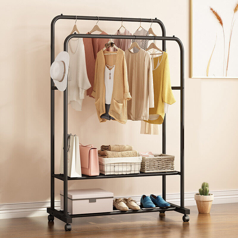 Rack de suspensão de pano de vestuário de rack de roupas de rolamento com prateleiras de armazenamento de 2 camadas