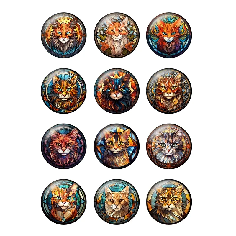 12 buah/lot elemen kucing warna-warni pola seni 8mm sampai 35mm lingkaran foto kaca Cabochon Demo perlengkapan pembuatan perhiasan belakang datar T226