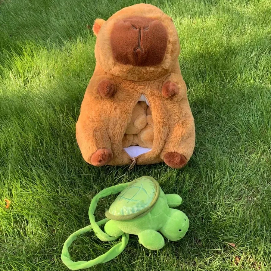 Capybara Plush ชุดของเล่นแม่ 4 เด็ก Capibara Plushie ตุ๊กตาตุ๊กตาสัตว์หมอนเต่ากระเป๋าเป้สะพายหลังของเล่นเด็กคริสต์มาสของขวัญ
