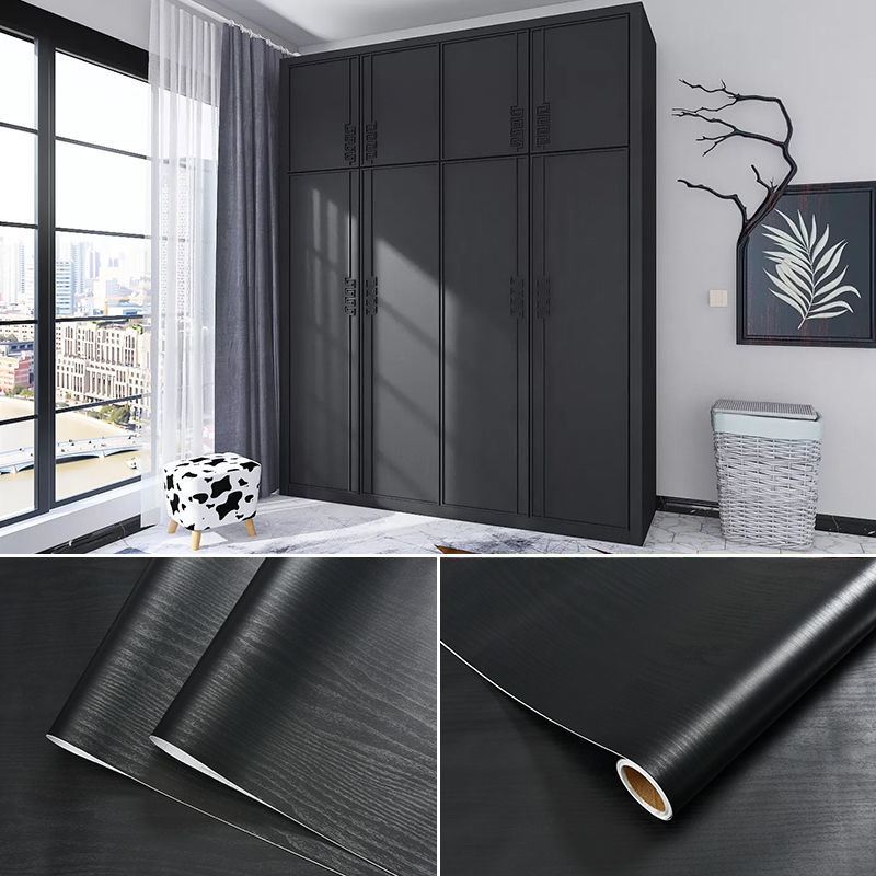 Películas de decoración del hogar de Color sólido negro de madera, pegatinas de vinilo impermeables, puertas autoadhesivas, gabinete, muebles modernos, decoración de pared
