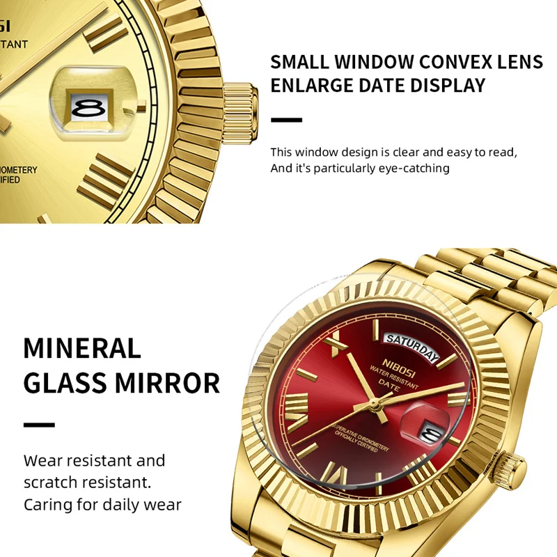 Marca NIBOSI, Reloj de cuarzo rojo dorado de lujo para Hombre, acero inoxidable, resistente al agua, luminoso, fecha, semana, relojes de moda para Hombre, Reloj para Hombre