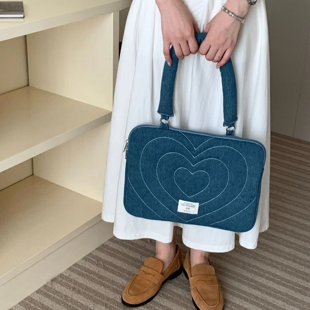 Washed Denim Bow Business Briefcases Embroidered File Folder Document Tote Bolsas Large Capacity Love Heart