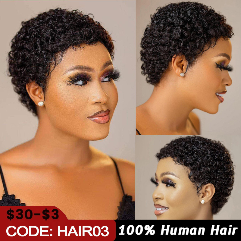 Parrucche corte ricci crespi Capelli umani Taglio pixie Capelli umani brasiliani per le donne Parrucche per capelli umani ricci neri naturali Realizzate a macchina