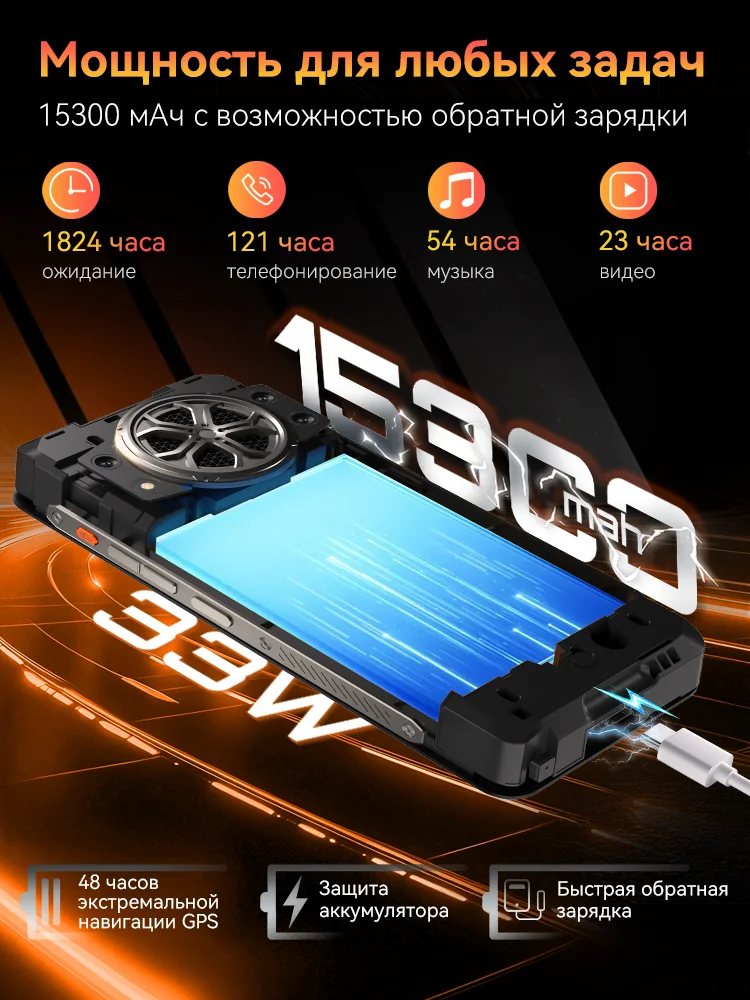 Cubot kingkong power 5,สมาร์ทโฟนที่ทนทาน Android 15,แบตเตอรี่ 15300mAh,หน้าจอ 6.88" 120Hz,RAM 16GB (6+10), ROM 128GB, MTK G100