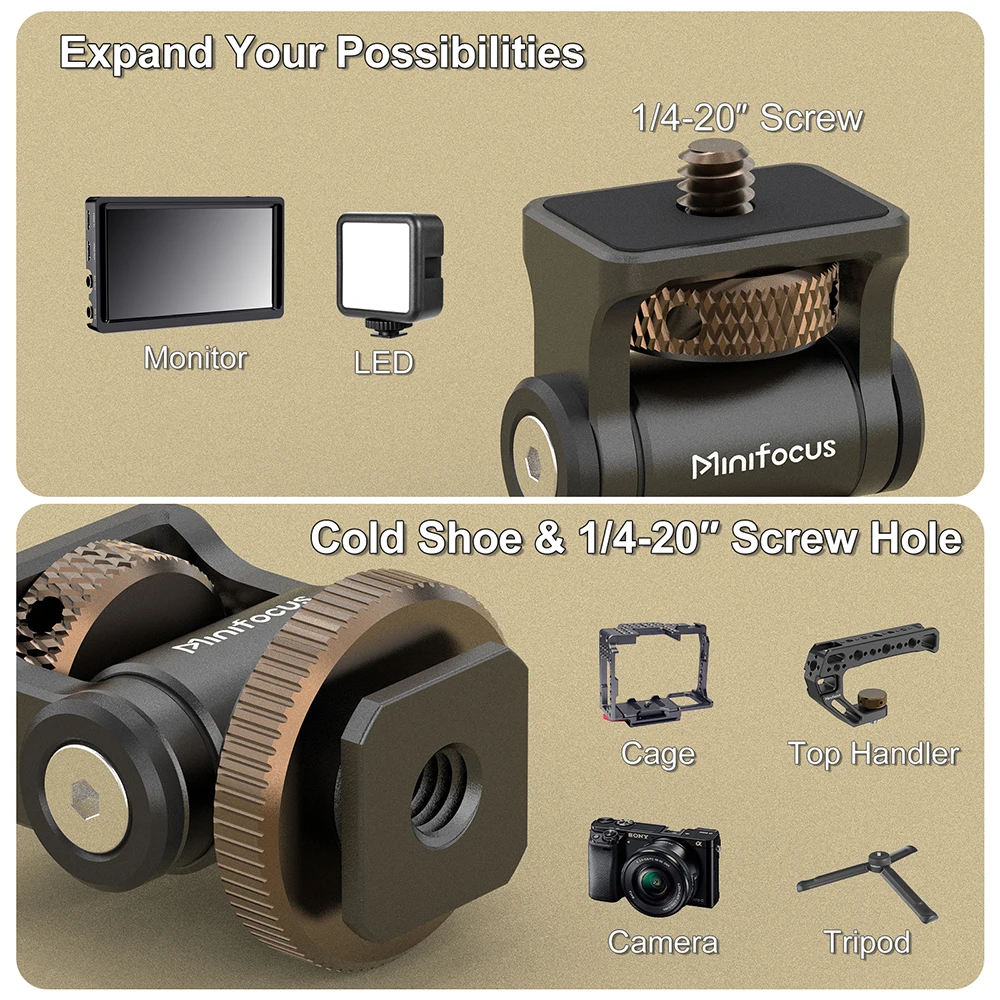 Soporte para Monitor Minifocus, soporte de zapata fría para cámara, monitores de campo, micrófono, zapata, soporte de montaje ajustable con inclinación de 180 grados