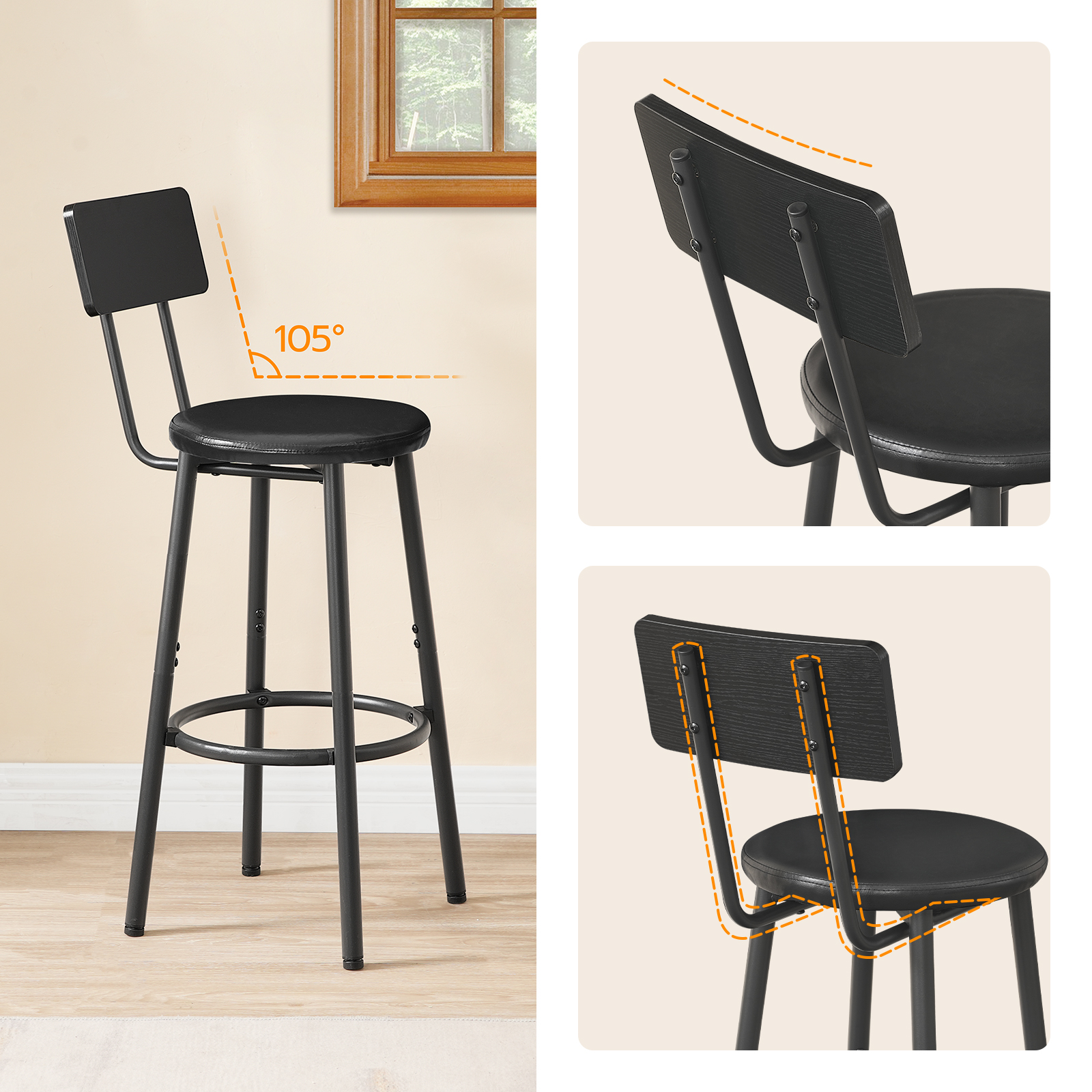 HOOBRO Bar Stools Set of 2 Bar Stools with PU Upholstered Bar Chairs with Footrest and Back 26" Bar Stools for Kitchen Island