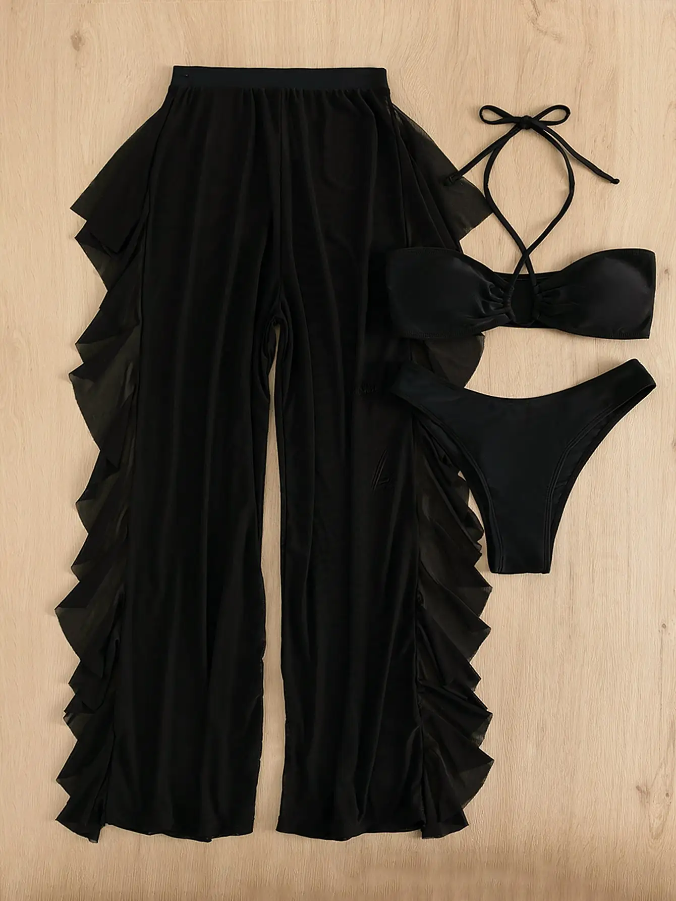Maillot de bain bandeau pour femmes, ensemble deux pièces, croisé, col licou, avec pantalon à volants, blanc, noir, 2024