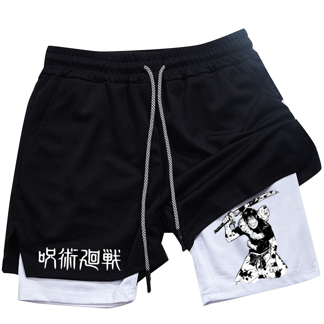 Pantalones cortos deportivos con estampado de Toji para hombre, Shorts deportivos informales de entrenamiento, malla para correr, 2 en 1