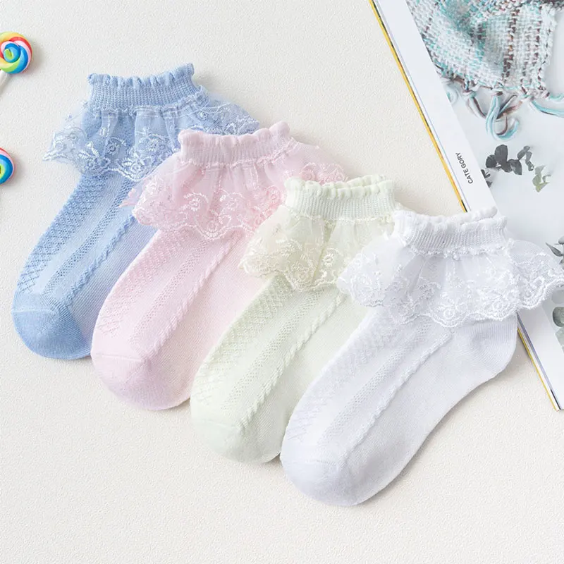Calzini di pizzo per bambini per ragazze: calzini di cotone per la primavera e l'autunno, Design sottile, stile giapponese, calzini corti da principessa in pizzo per