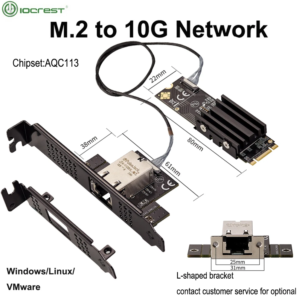 Tarjeta de red IOCREST M.2 B + M de un solo puerto 10GbE, adaptador de red Ethernet RJ45, tarjeta de red de servidor de grado de Control Industrial AQC113