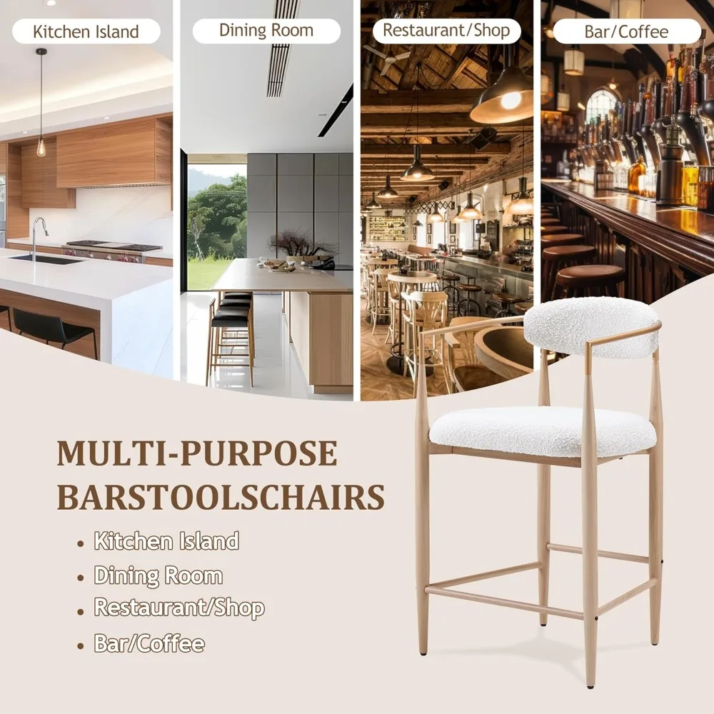 Set of 2 26''H Counter Stools – Boucle Upholstered with Gold Curved Design, Ideal for Kitchen Island