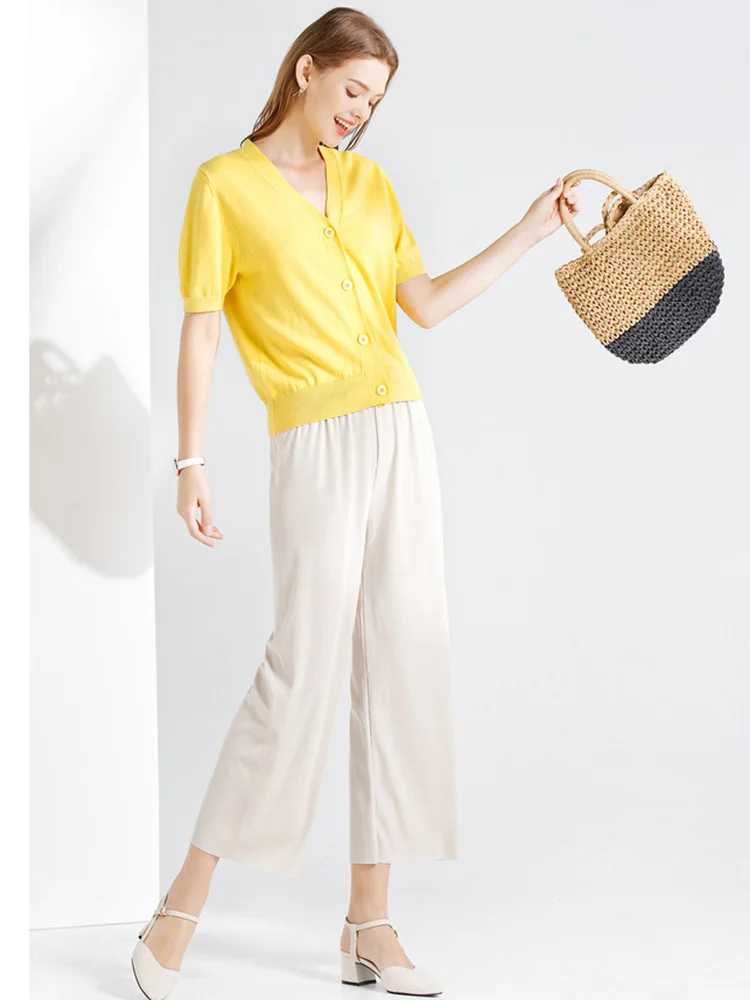 Pantalones de pierna ancha hasta el tobillo para mujer, pantalón informal de cintura elástica sólida, pantalones sueltos de seda de hielo, primavera y verano