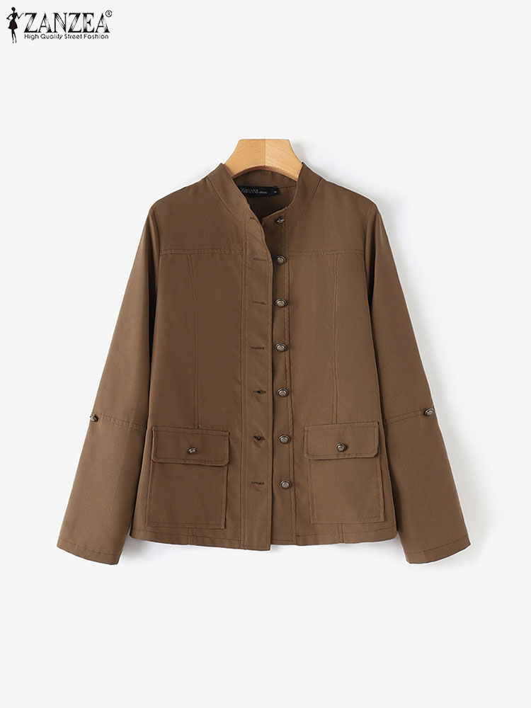 ZANZEA Mode OL Jacken Frau Langarm Stehen Kragen Oberbekleidung Herbst Vintage Party Arbeit Tragen Weibliche Elegante Taste UP Mäntel