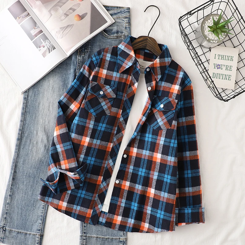 ผ้าฝ้ายลายสก๊อตเสื้อผู้หญิง 2024 ฤดูใบไม้ร่วงใหม่หญิง Casual SLIM FIT เสื้อแขนยาวและเสื้อสุภาพสตรี Checkered เสื้อผ้า